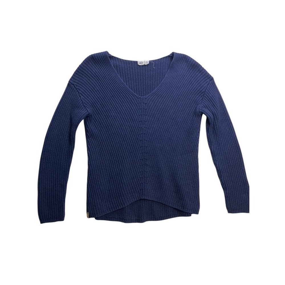 tentree V-Neck Sweater Women Small Navy Blue ‎ Organic Cotton Ribbed Knit